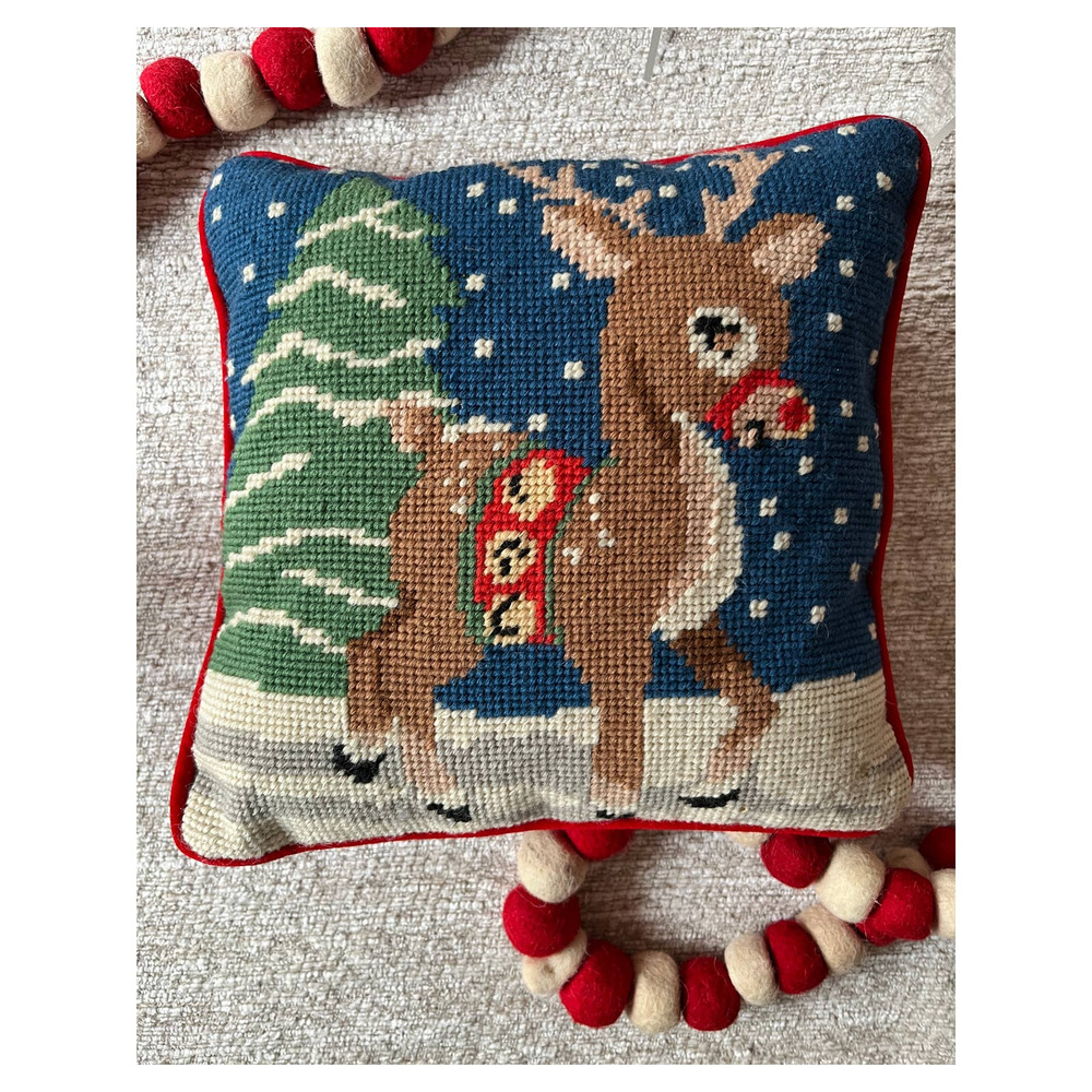 VTG Rudolph reindeer needlepoint pillow Christmas xmas holiday snow red velvet